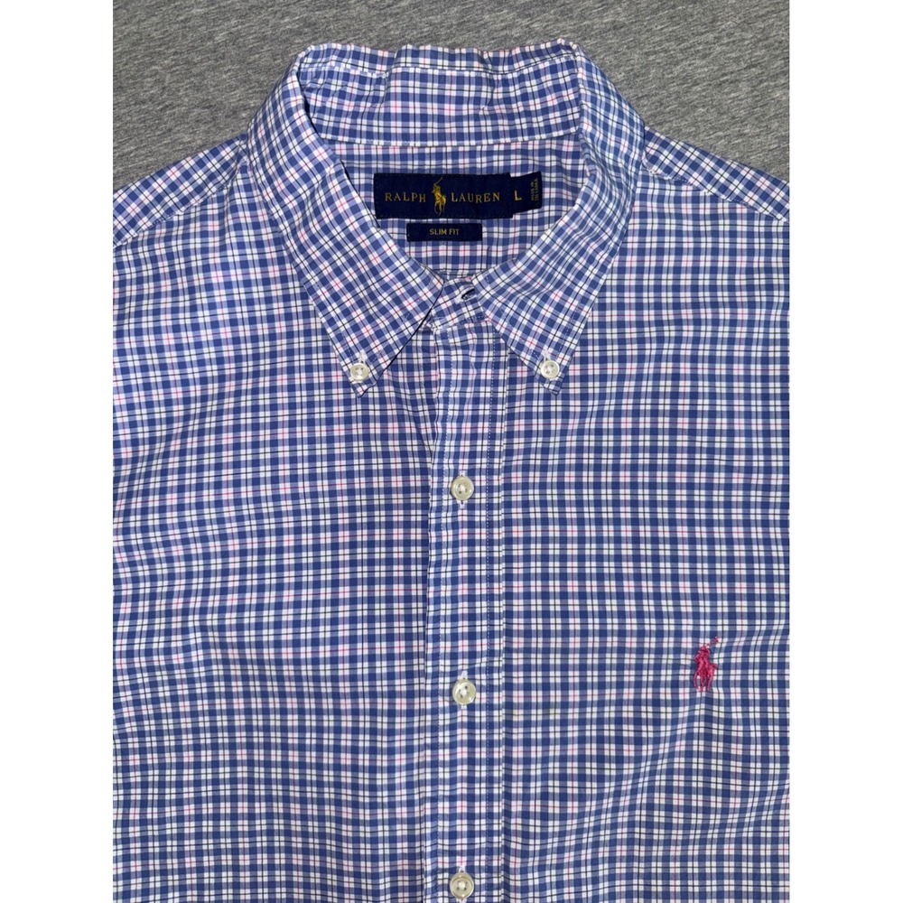Ralph Lauren Mens Blue Pink Plaid Large Slim Fit Button Down Preppy Business